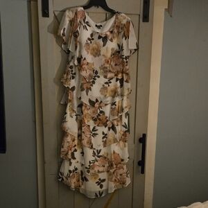 SLNY Asymmetrical Dress with Floral Design in Cream and Brown